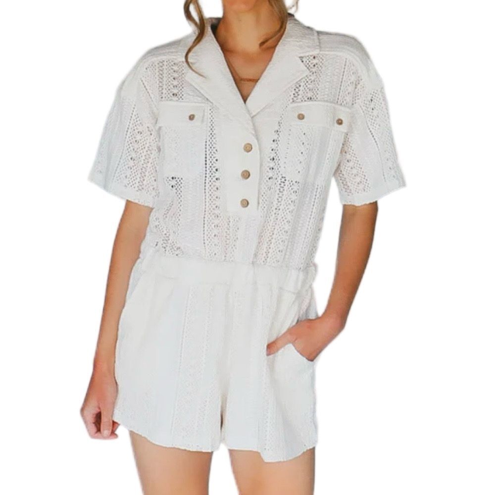 Elegant Cream Lace Button-Up Romper